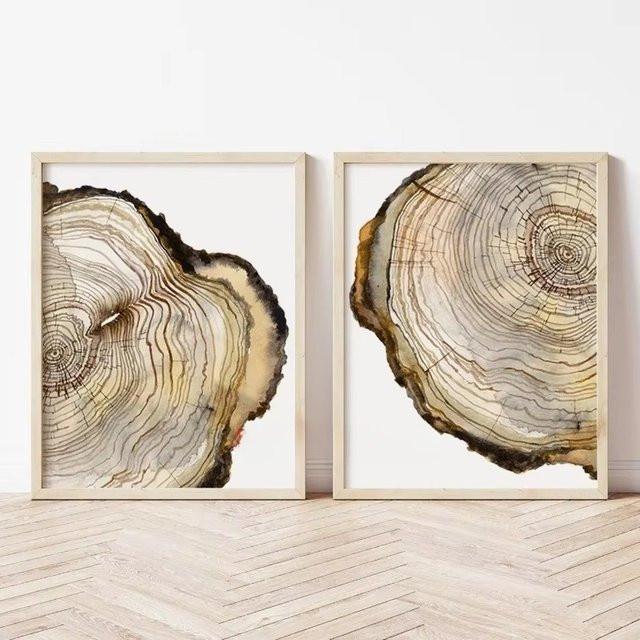 AZNM Moderne Natur-Wandkunst Baumring-Holzscheit-Leinwandgemälde in Braun - Bild 1