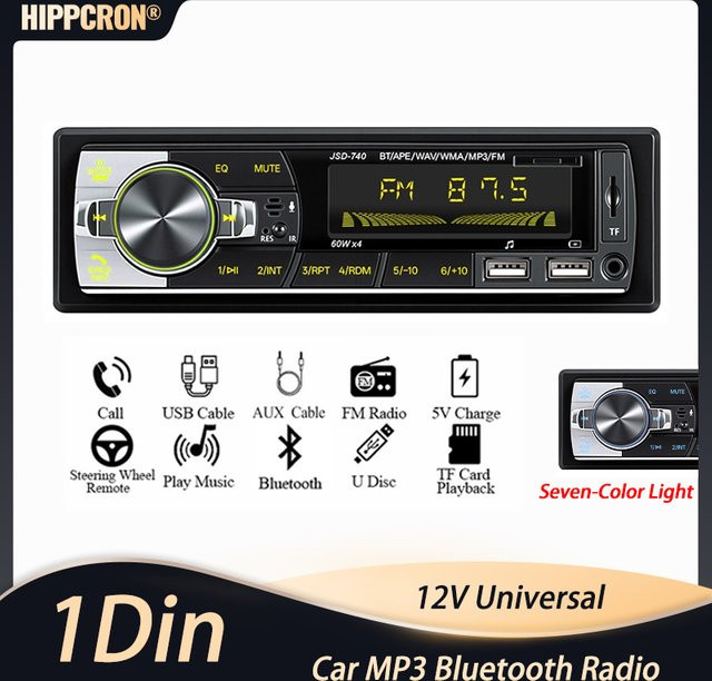 Hippcron Autoradio Bluetooth Stereo-Audio-Player mit FM, USB, TF und AUX-Eingang, unterstützt Lenkradsteuerung, Schwarz, 12V Universal - Bild 1