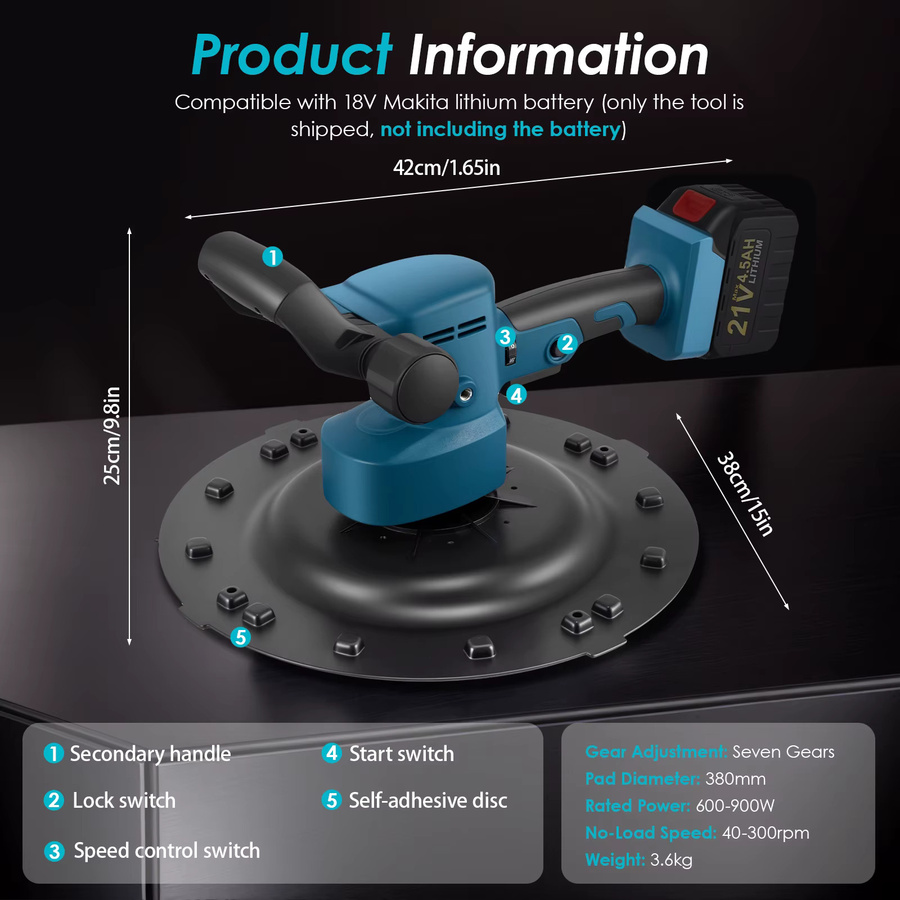 Rbefeuly Akku-Wandglättungs-Poliermaschine in Blau mit 6 Geschwindigkeiten und automatischem Mixer zum Verputzen von Wandbeton und Zementmörtel - Bild 3