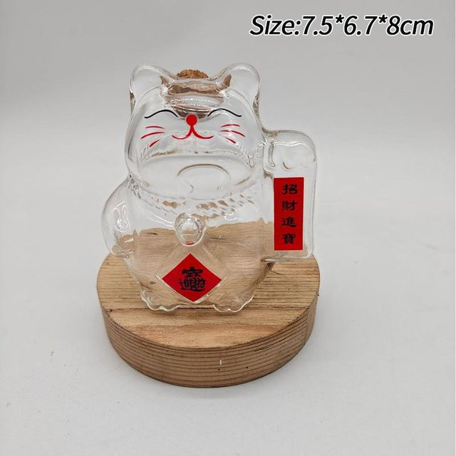 Glückskatze Sparschwein aus Glas und Holz als Desktop-Ornament zur Aufbewahrung von Münzen und Bargeld in Transparent - Bild 1
