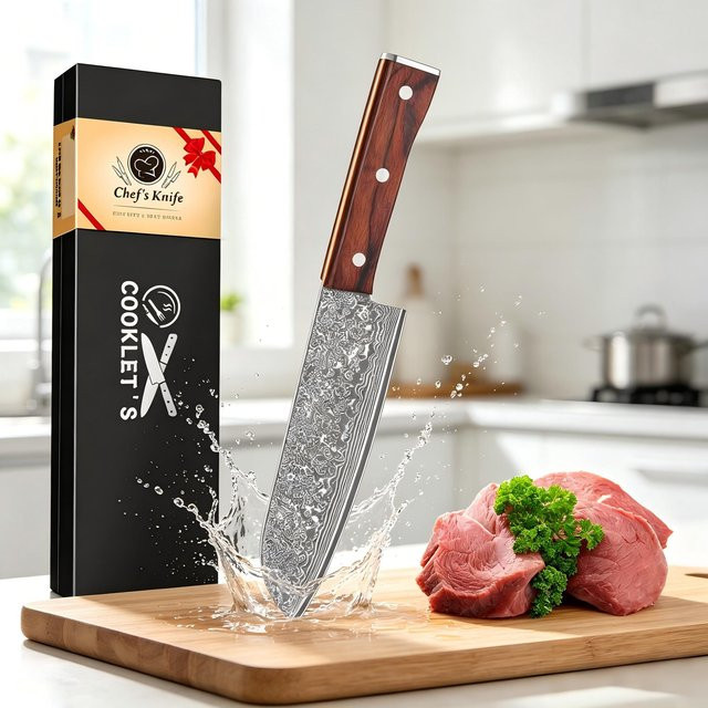SAEIV Damaszener-Küchenmesser im japanischen Stil mit VG10-Stahlkern und ergonomischem Holzgriff, Klingenlänge: 30 cm - Bild 1