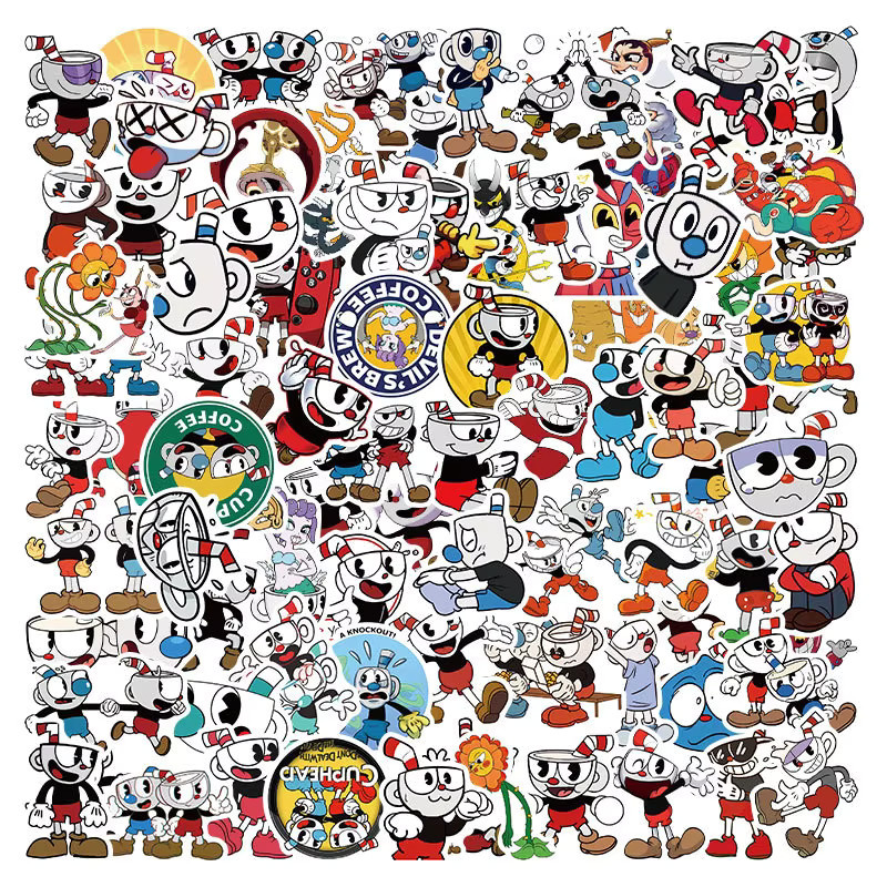 100 Stück Cuphead und Mugman Graffiti Aufkleber, wasserfeste Cartoon Sticker für Skateboard, Laptop und Telefon, Mehrfarbig - Bild 3