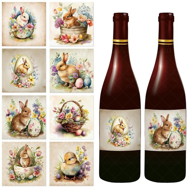 9 Stück Tissy Ostern Aufkleber für Wein- und Kartonflaschen mit Kaninchen und Ei Motiv in Mehrfarbig für deine Ostern-Party Dekoration - Bild 1