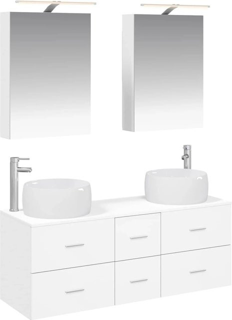 vidaXL Badezimmermöbel-Set 5-teilig in Weiß mit Waschtischunterschrank und Spiegelschrank aus Glas und Holz mit LED-Beleuchtung - Bild 1