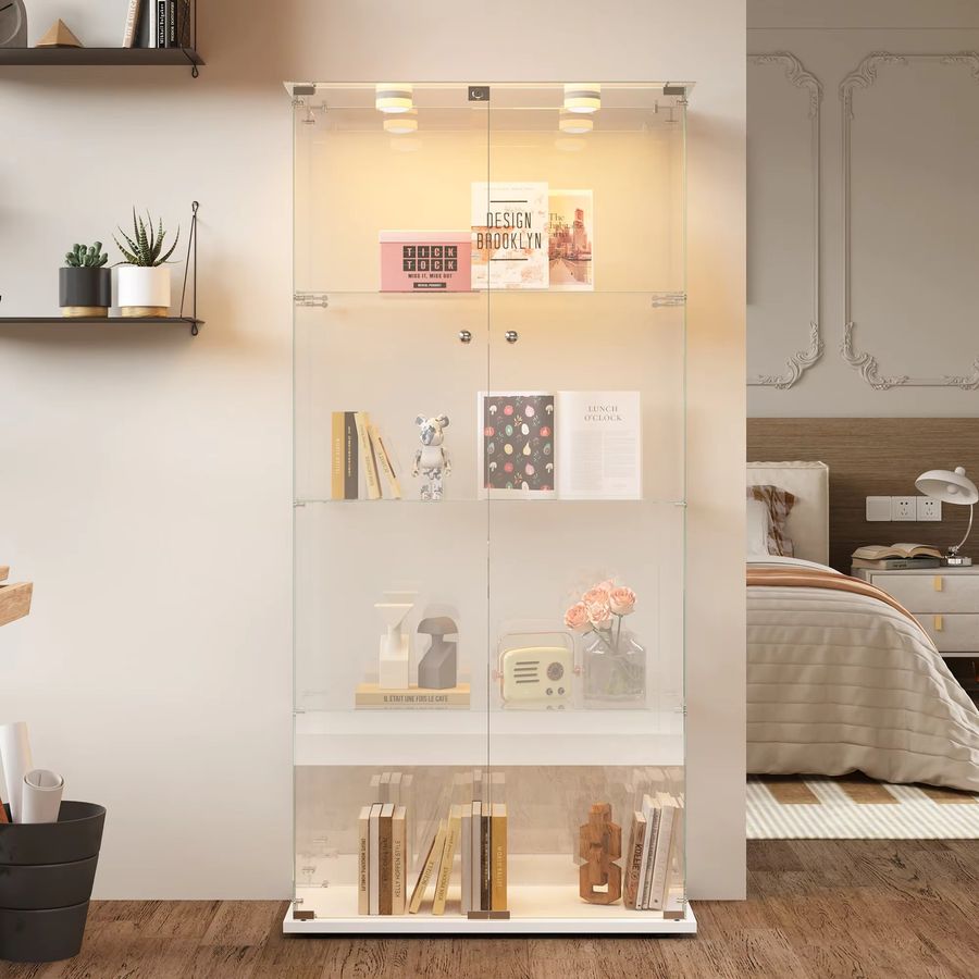 Rosahqnda Glasvitrine mit LED-Beleuchtung und Doppeltür, 4-stöckiger Variationsschrank aus Glas in Black-Pat Light und Transparent - Bild 2