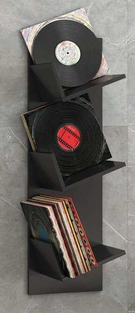 VCM Wandregal Sulda Schwarz mit drei Fächern für Schallplatten und Bücher, H x B x T: 106,5 x 33,0 x 25,6 cm - Bild 1