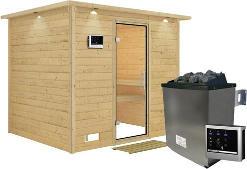 Karibu Sauna Paldiski aus Fichtenholz in Beige inklusive 9 kW Saunaofen mit externer Steuerung für 4 Personen, B/T/H: 264 x 198 x 212 cm - Bild 1