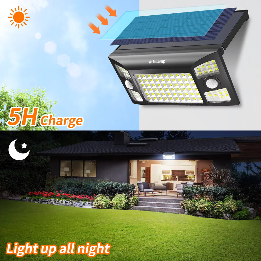 Intelamp Hochleistungs-Solarleuchte mit Bewegungsmelder, 1300 Lumen, wasserdicht, Schwarz, Modernes Design für Garten, Wand und Außenbereich - Bild 6
