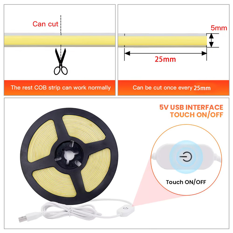 XUNATA COB LED Lichtstreifen mit USB-Anschluss und Touch-Dimmer, 5V, 320 LEDs/m, flexibler LED-Band für TV-Hintergrundbeleuchtung und Spiegel-Innenbeleuchtung - Bild 4