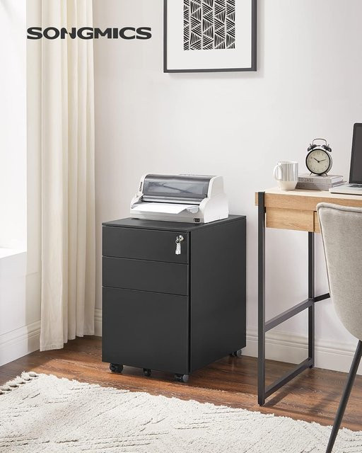 SONGMICS Rollcontainer aus Stahl in Schwarz mit 3 Schubladen, abschließbarer Büroschrank mit Hängeregistratur und Rollen, B/T/H: 52 x 39 x 60 cm - Bild 3
