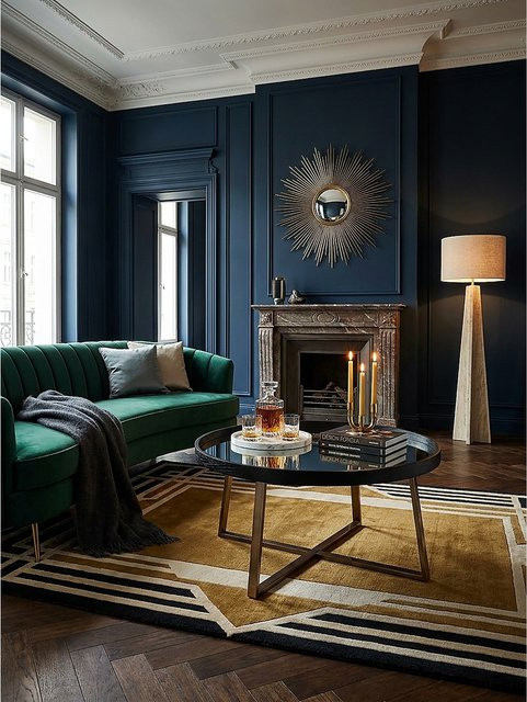 KADIMA DESIGN Couchtisch modern mit Spiegelglasplatte und Metall-Gestell in Schwarz und Gold, Durchmesser: 78 cm, Höhe: 42,5 cm - Bild 1