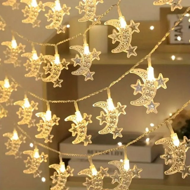 Peach Forest Ramadan Lichterkette mit Mond und 3 Sternen, Batteriebetriebene Dekorative Hängelampe für Eid und Party, Orientalisches Design - Bild 1