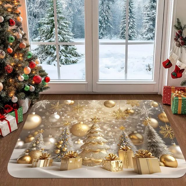 VIKAMA Winter-Teppich mit goldenem Weihnachtsbaummuster als Druckteppich für Wohnzimmer, Büro und Terrasse - Bild 1