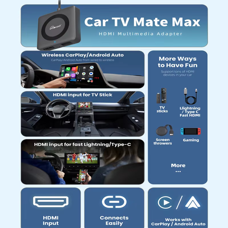OTTOCAST Auto TV Mate HDMI Multimedia Video Konverter für kabelloses CarPlay und Android Auto in Schwarz - Bild 2