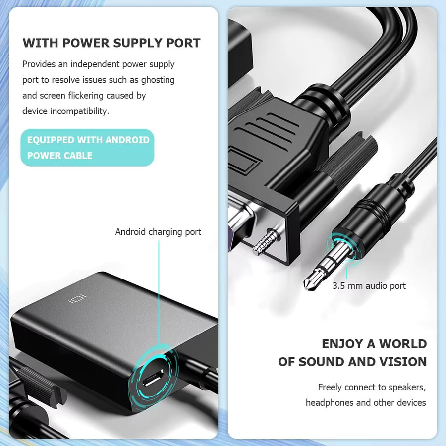 LccKaa VGA-zu-HDMI-Konverter in Schwarz mit 3,5-mm-Audio-Anschluss für 1080P Auflösung an Computer, Laptop, TV und Projektor - Bild 2