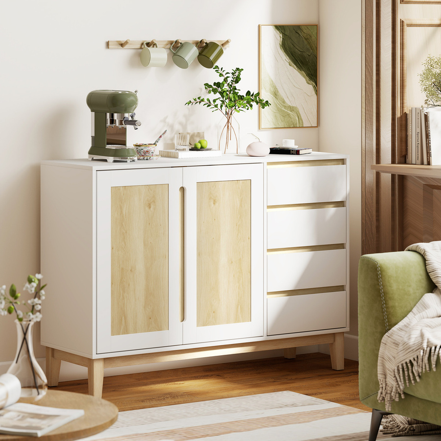 HOMCOM Buffet im skandinavischen Stil mit 2 Türen und 4 Schubladen, Aufbewahrungsmöbel in Weiß und Eiche, B/T/H: 120 x 40 x 86 cm - Bild 2