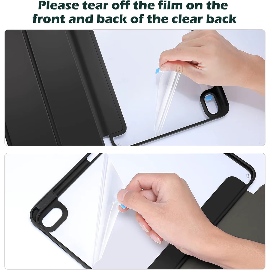 Chenxiaotong Klare Acrylhülle für iPad Air, Pro und Mini mit Stiftschlitz, dreifach faltbarem Ständer und automatischer Sleep/Wake-Funktion, Schwarz - Bild 4