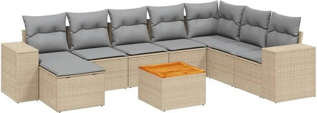 vidaXL 9-teilige Garten-Sofagarnitur in L-Form aus Poly-Rattan in Beige-Grau mit Kissen und Armlehnen - Bild 1