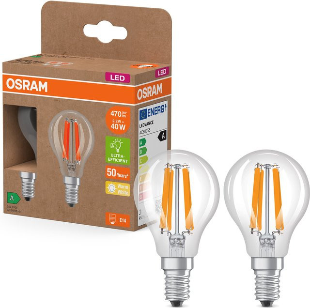 Osram LED Classic P Energy Efficiency A LED-Lampe, 2er Pack, Transparent, 2,2 W, 470 lm, Warmweiß, 2700 K - Bild 1