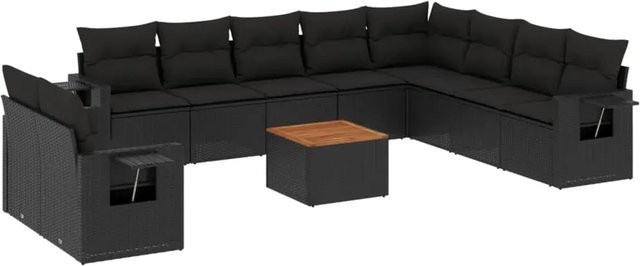 vidaXL 11-teilige Garten-Sofagarnitur in L-Form aus Polyrattan und Akazienholz mit Kissen, Schwarz - Bild 1