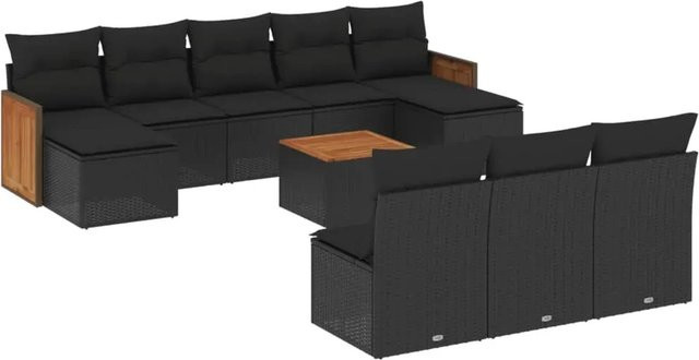 vidaXL 11-teilige Garten-Sofagarnitur aus Poly-Rattan und Akazienholz in Schwarz mit Kissen - Bild 1