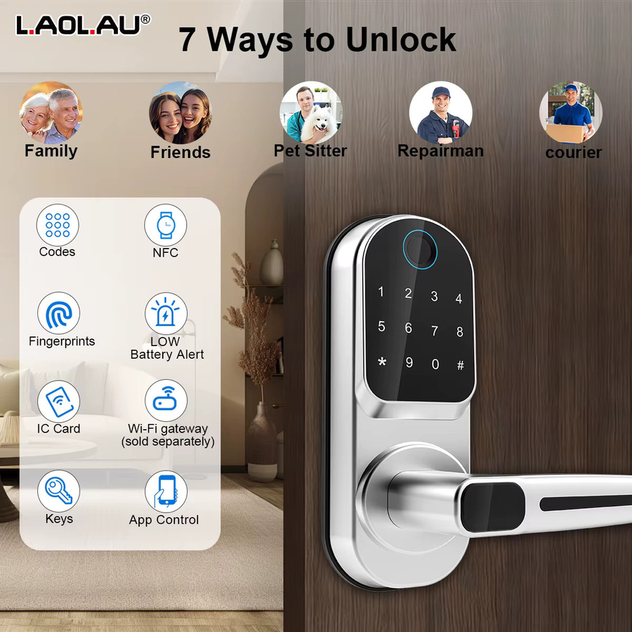 L.AOL.AU Wifi Smart Türschloss in Silber mit biometrischem Fingerabdruck, NFC, Passwort, Tastatur und USB-Notfallladegerät - Bild 5