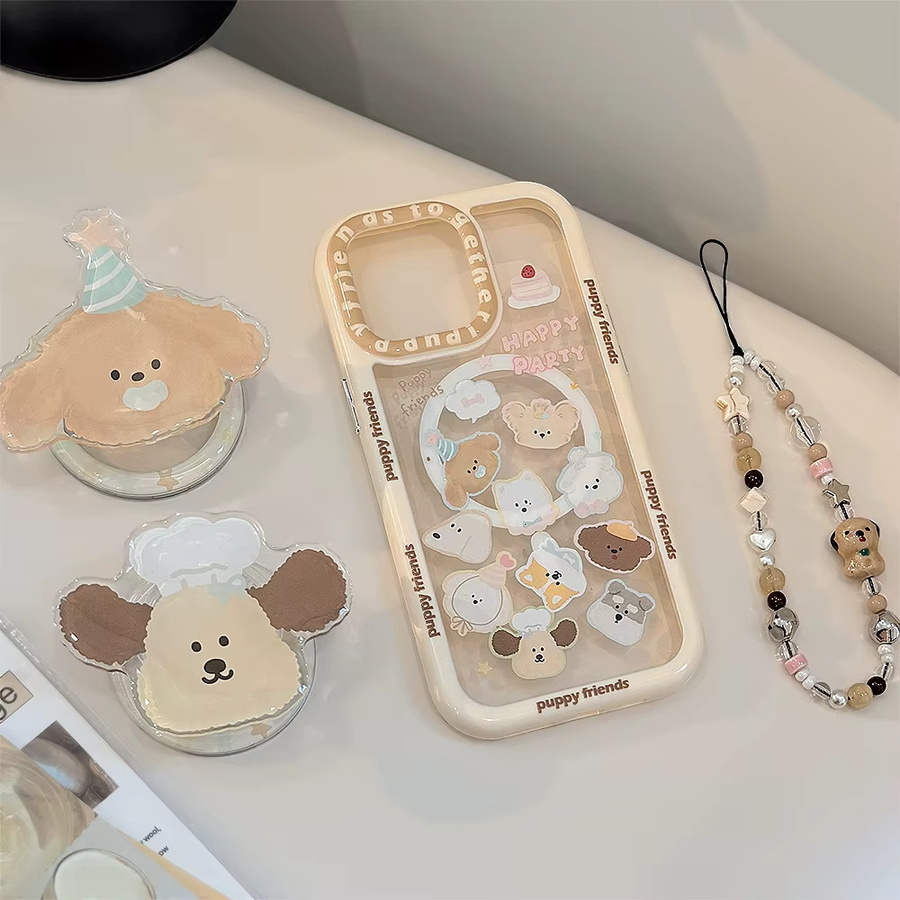Potdemiel Handyhülle mit Koreanischem Cartoon-Welpen-Design für iPhone, transparente stoßfeste Hartschale mit magnetischer Halterung und Kette - Bild 2