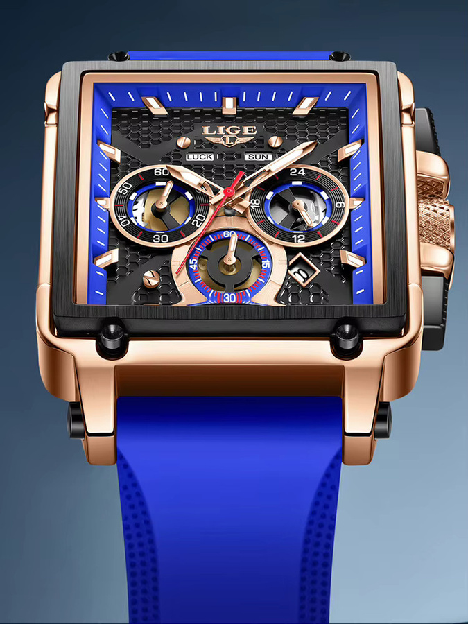 LIGE Armbanduhr Chronograph, Quarz, Eckig, Schwarz, Silikon, Herren - Bild 6