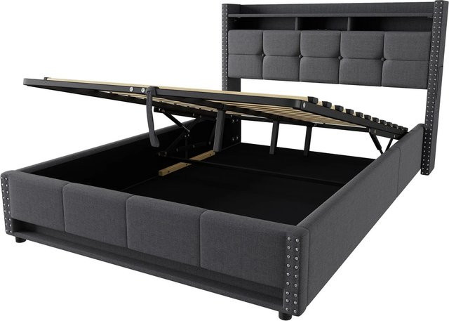okwish Polsterbett mit modernem Design und USB-Ladeport in Grau, B/T/H: 140 x 200 x 107 cm (mit Lift-up-Funktion und Unterbettbeleuchtung) - Bild 1