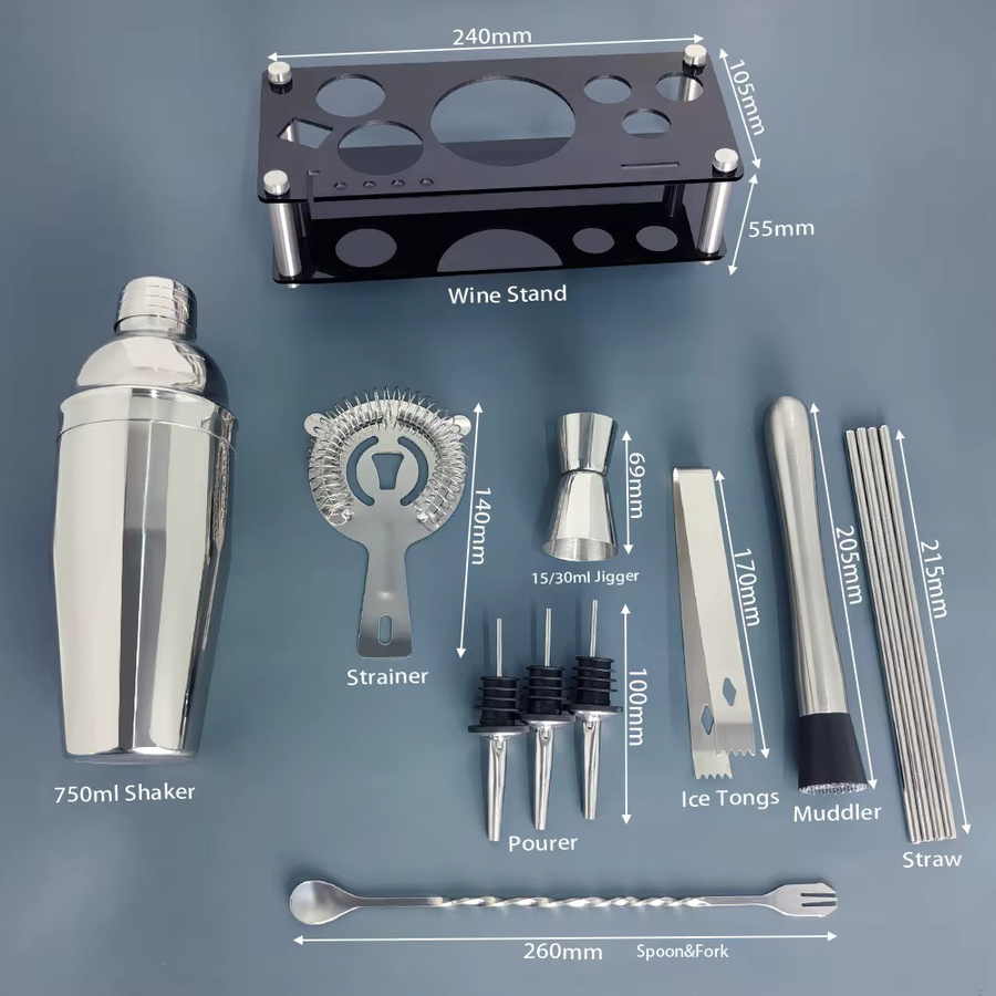 XINGZHAOHOME 13-teiliges Cocktail-Shaker-Set aus Edelstahl in Schwarz und Silber mit 750 ml Shaker, Jigger, Löffel und Ausgießer sowie Ständer - Bild 3