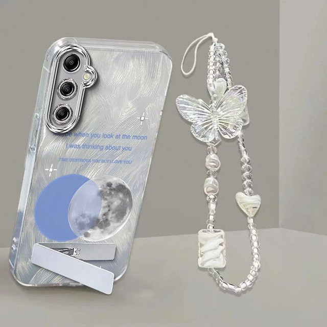 Samsung Handyhülle mit hellem Mond-Design und Lanyard für A54 A55 A53 A52 A51 A72 A36 A35 A33 A32 A26 A24 A23 A20S in Silber und Transparent - Bild 1