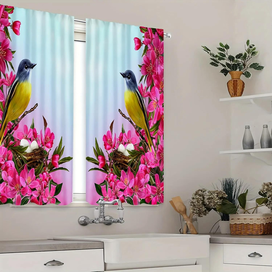 2er-Set Yiran Furniture Vorhang mit Blumen- und Vogelmuster, halbtransparent, Polyester, Mehrfarbig, B: 55 cm, H: 120 cm - Bild 2