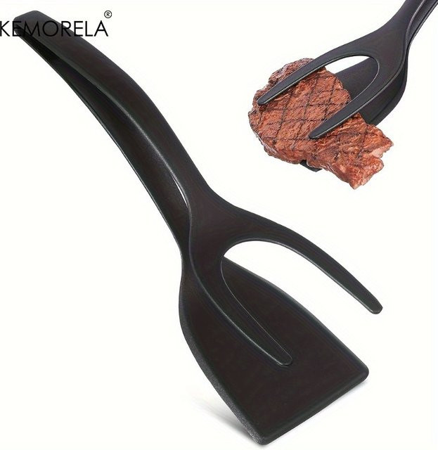 KEMORELA 2-in-1 Griff-Flip-Spatel-Zange aus Nylon in Schwarz, Antihaftbeschichtung für Pfannkuchen, Fisch und Omelett - Bild 1