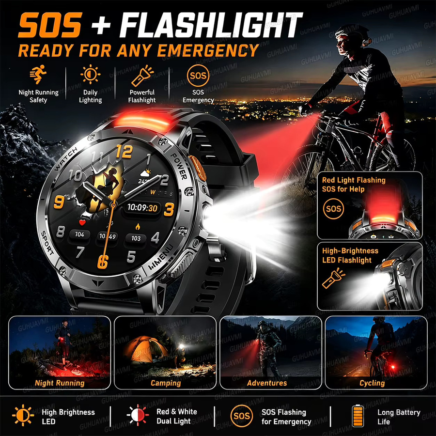 GUHUAVMI Militärische Smartwatch aus Legierung mit 1400mAh Akku, wasserdicht, Bluetooth-Anrufe, SOS-Notfall-Taschenlampe, Outdoor-Sportuhr für Herren in Schwarz, Grau oder Orange - Bild 1