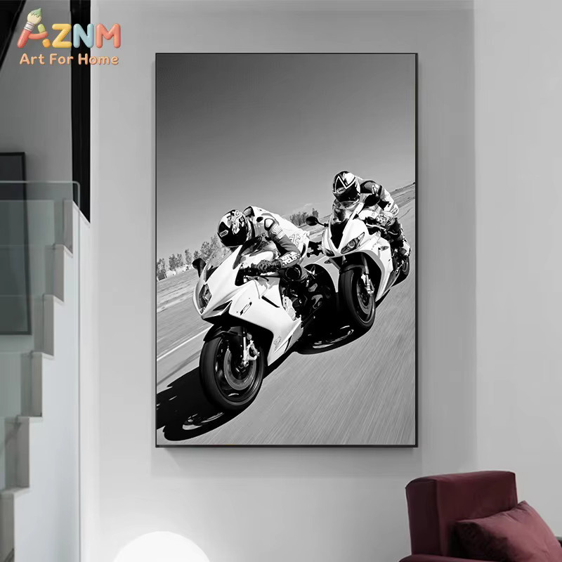 Rastar Vintage Motorrad Leinwand-Wandkunst Schwarz-Weiß, Retro Biker Kunstwerk für Garage und Zuhause, Ungerahmt - Bild 2