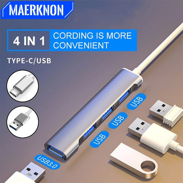 Maerknon 4-in-1 USB-C Hub mit 4 Ports, USB 3.0 und 2.0 Multi Splitter Adapter in Silber für Laptop, MacBook und PC - Bild 1