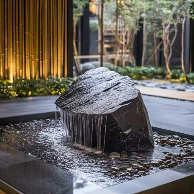 Schwarzer Bergstein-Wasserschalen-Brunnen im orientalischen Design für deinen Garten - Bild 1