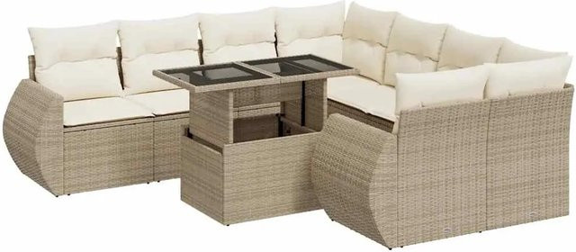 vidaXL 9-tlg Garten-Sofagarnitur in L-Form aus Poly-Rattan mit Kissen in Beige - Bild 1
