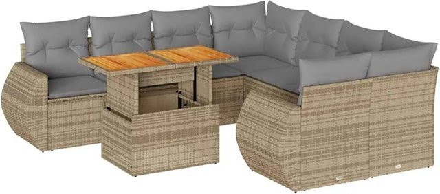 vidaXL 9-teilige Garten-Sofagarnitur in L-Form aus Poly-Rattan und Akazienholz mit Kissen in Beige-grau - Bild 1