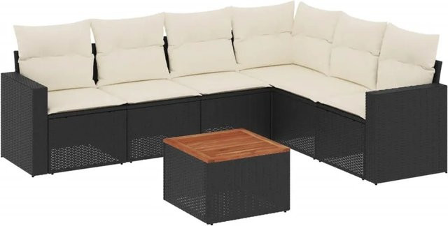 vidaXL 7-tlg Garten-Sofagarnitur aus Poly-Rattan und Akazienholz in Schwarz mit Kissen - Bild 1