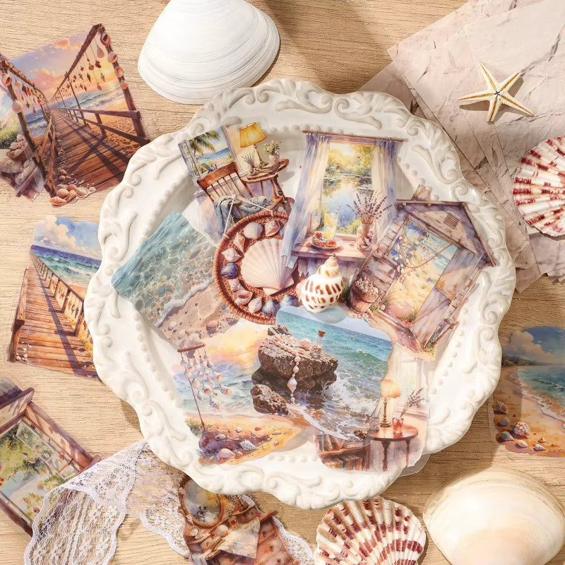 Set mit 20 Blatt Retro-Landschaftsaufklebern und Hintergrundpapier in Mehrfarbig mit verschiedenen Naturmotiven wie Bergen, Straßen und Sonnenuntergängen - Bild 2
