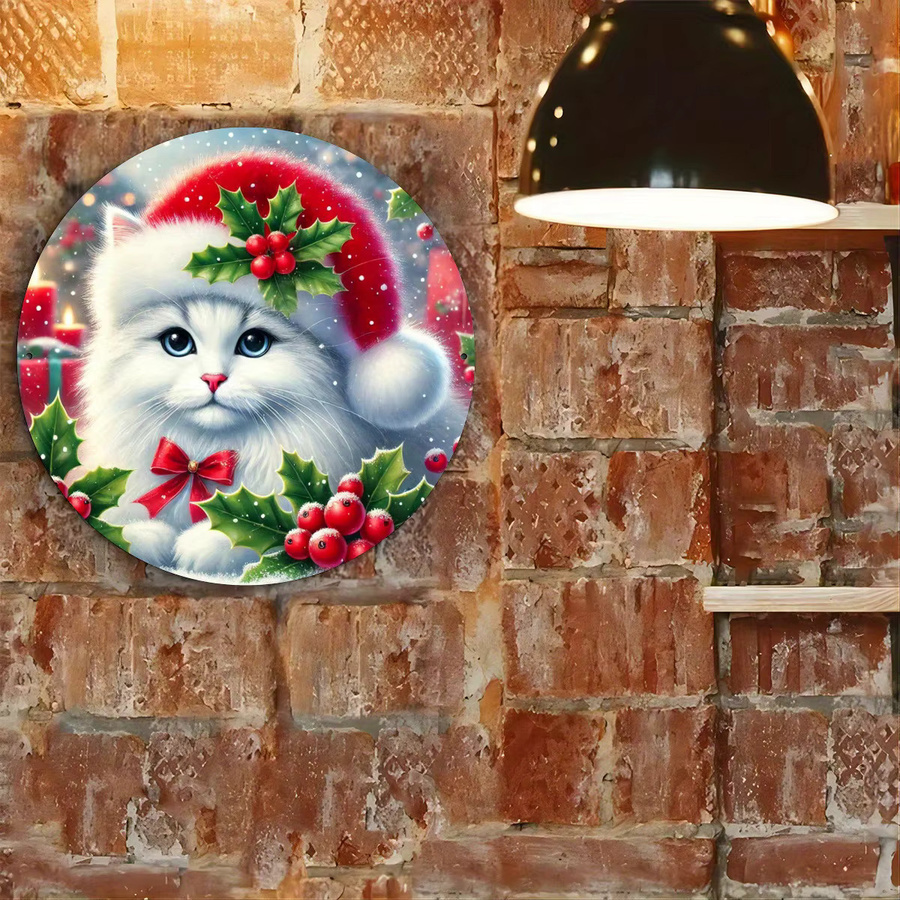 Rundes Weihnachtsschild aus Metall von Potdemiel mit Katze und Stechpalme in Weiß, Vintage-Wanddekoration, Durchmesser: 20 cm - Bild 5