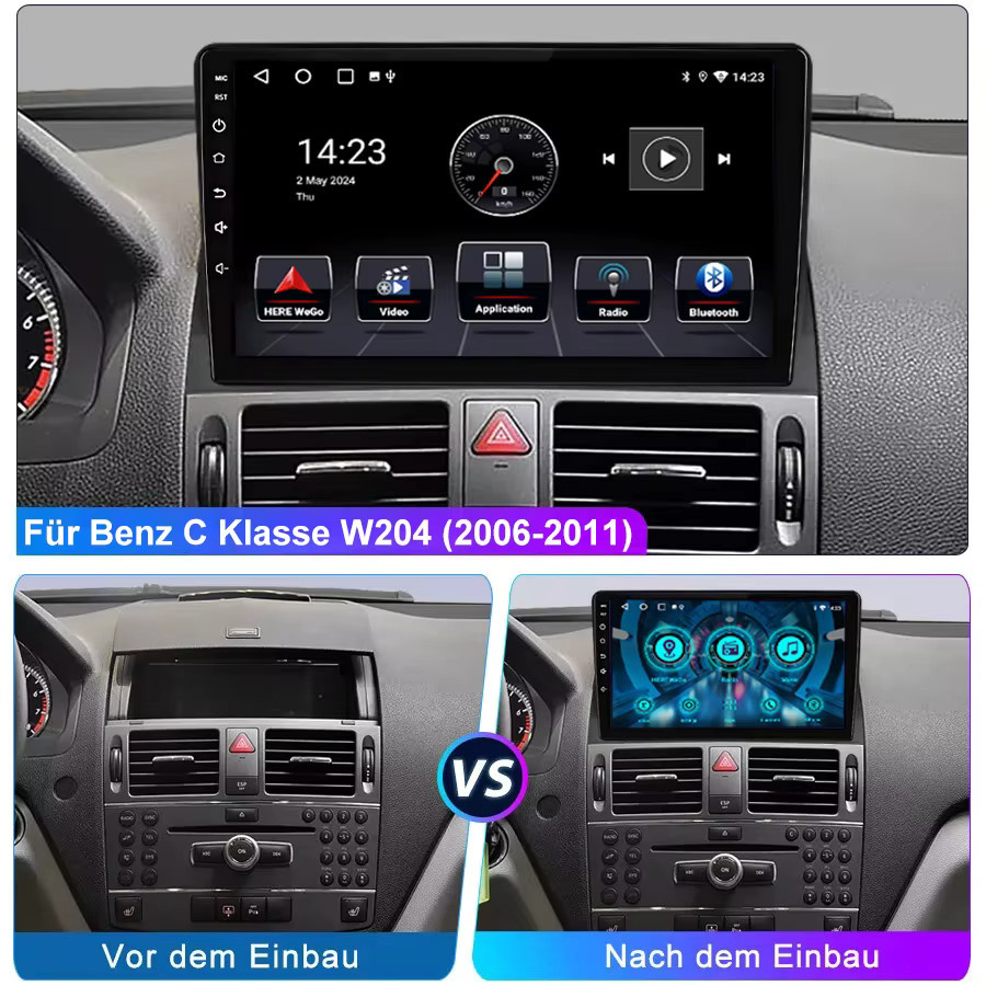ESSGOO Autoradio mit 9 Zoll HD Touchscreen für Mercedes Benz C-Klasse W204 2006-2011, Android 13, 64GB, kabelloses CarPlay, GPS, Wifi, Bluetooth, Schwarz - Bild 3