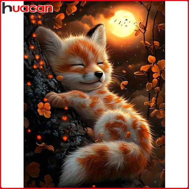 Huacan Diamantmalerei Fuchs und Mond als Diamantmosaik-Komplettset mit runden Steinen, Breite: 30,0 cm, Höhe: 20,0 cm - Bild 1