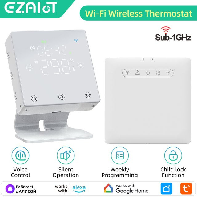 Tuya Smart Home Thermostat WiFi für Wasser- und Gaskessel, drahtloser Temperaturregler mit RF433, batteriebetrieben, kompatibel mit Alexa und Google Home, Weiß - Bild 1