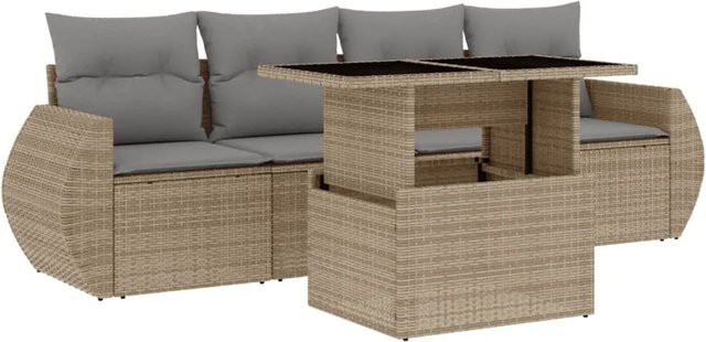 vidaXL 5-teilige Garten-Sofagarnitur aus Poly-Rattan in Beige mit Kissen und Gartentisch - Bild 1