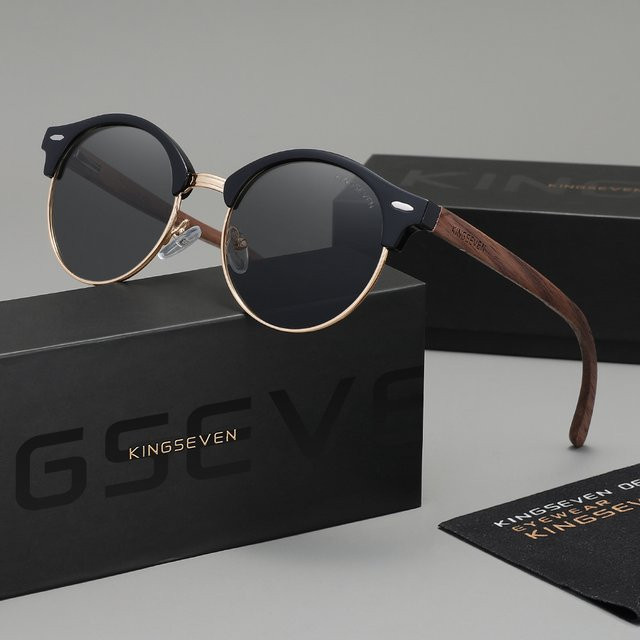 KINGSEVEN Sonnenbrille, Holz, Rund, Vollrand, Schwarz, Unisex, polarisiert - Bild 1