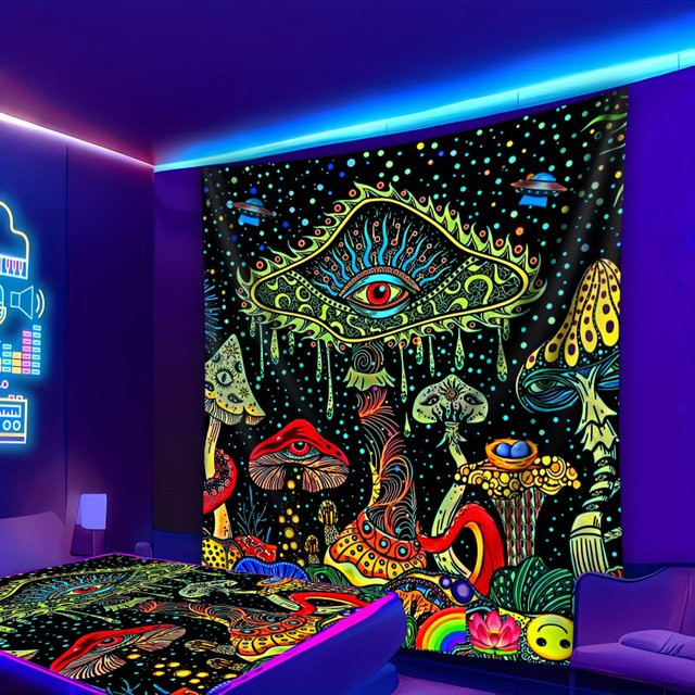VIKAMA Fantasy-Wandteppich Giant Eye Mushroom Flying Saucer in Mehrfarbig, abstrakter Boho-Stil für Wohnzimmer und Schlafzimmer - Bild 1