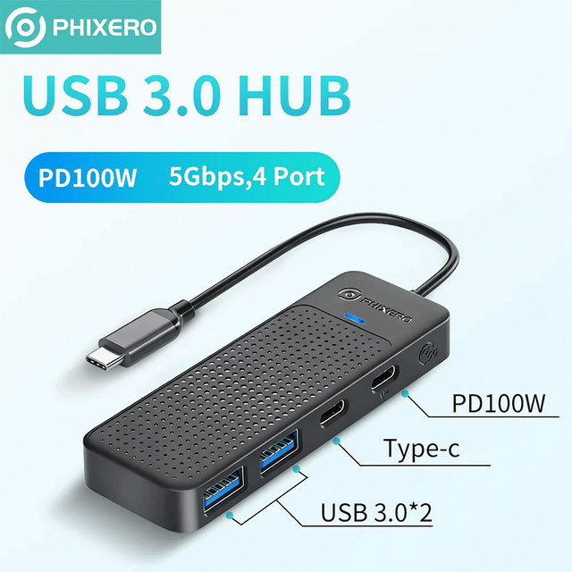 PHIXERO 4-in-1 USB 3.0 Hub Adapter mit 5 Gbit/s, Ultra-Slim OTG USB-C Expansion Dock mit PD 100W für PC und Computer Zubehör - Bild 1