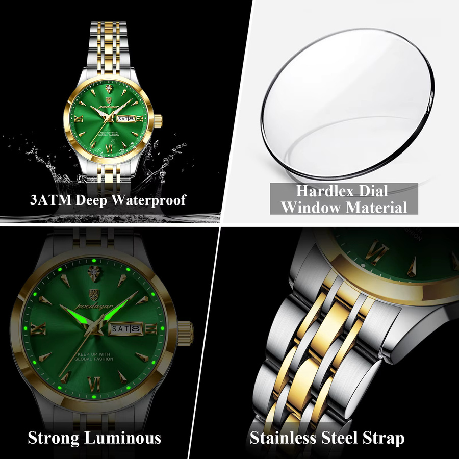 POEDAGAR Armbanduhr Edelstahl, Quarz, Datum, Wochentag, Damen - Bild 4